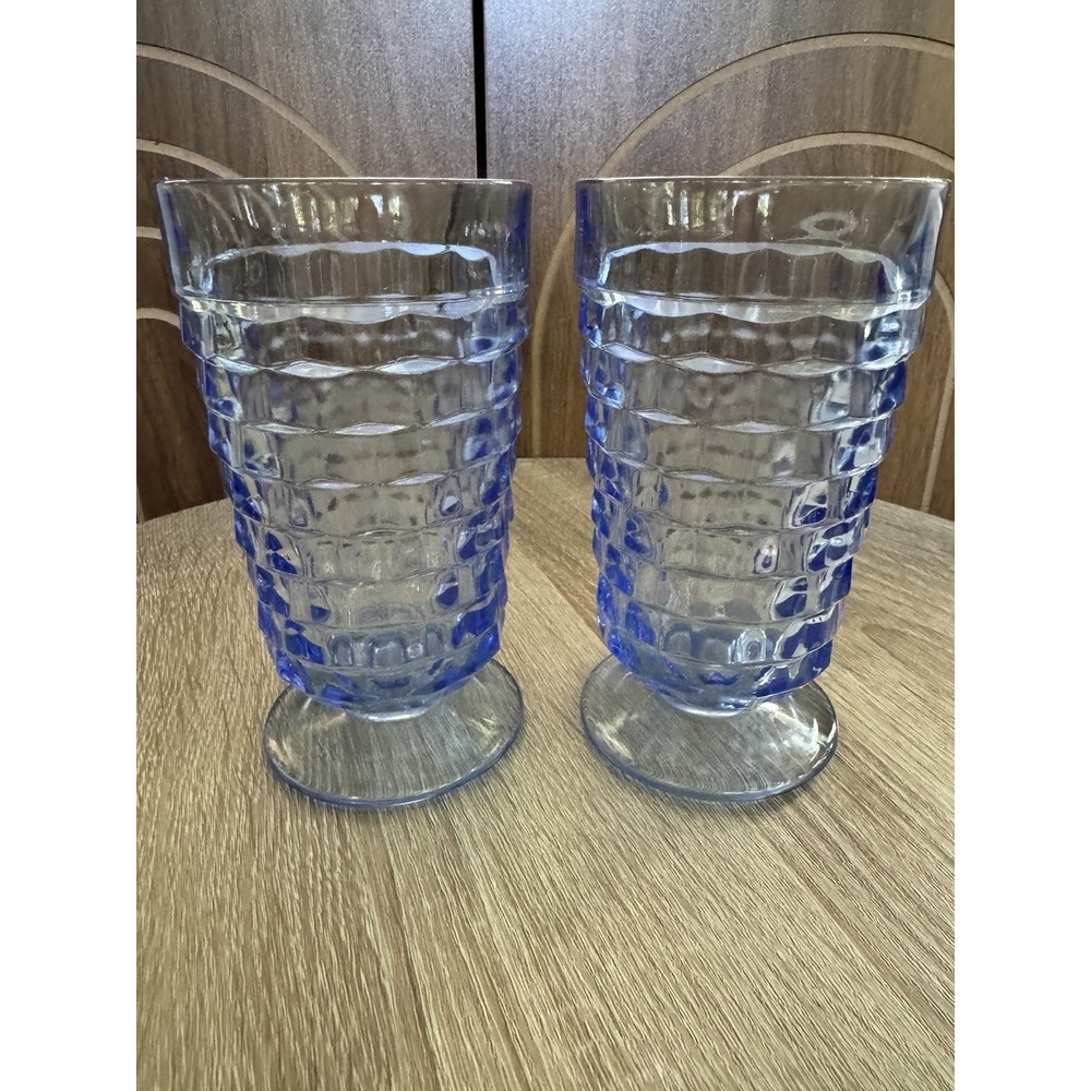 Indiana Glass Whitehall Blue Iced Tea Footed Tumbler Cube Cubist Colony Set Of 2
